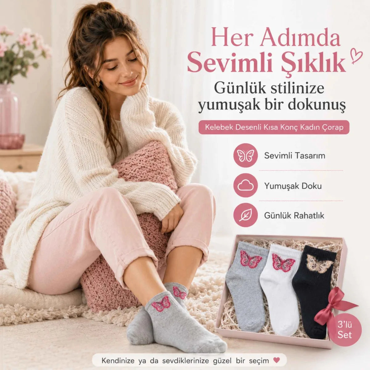 Kadın Kelebek Desenli Kısa Konç Çorap 12’li Paket, %80 Pamuklu Dikişsiz Burun, Nefes Alan Yumuşak Bilek Çorabı, Siyah Beyaz Gri