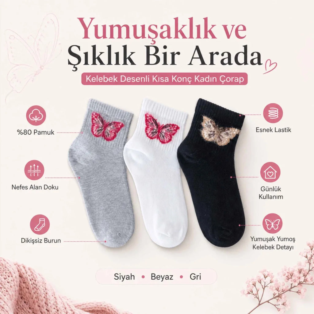 Kadın Kelebek Desenli Kısa Konç Çorap 12’li Paket, %80 Pamuklu Dikişsiz Burun, Nefes Alan Yumuşak Bilek Çorabı, Siyah Beyaz Gri