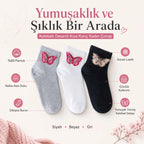Kadın Kelebek Desenli Kısa Konç Çorap 12'li | %80 Pamuklu Dikişsiz, Siyah Beyaz Gri