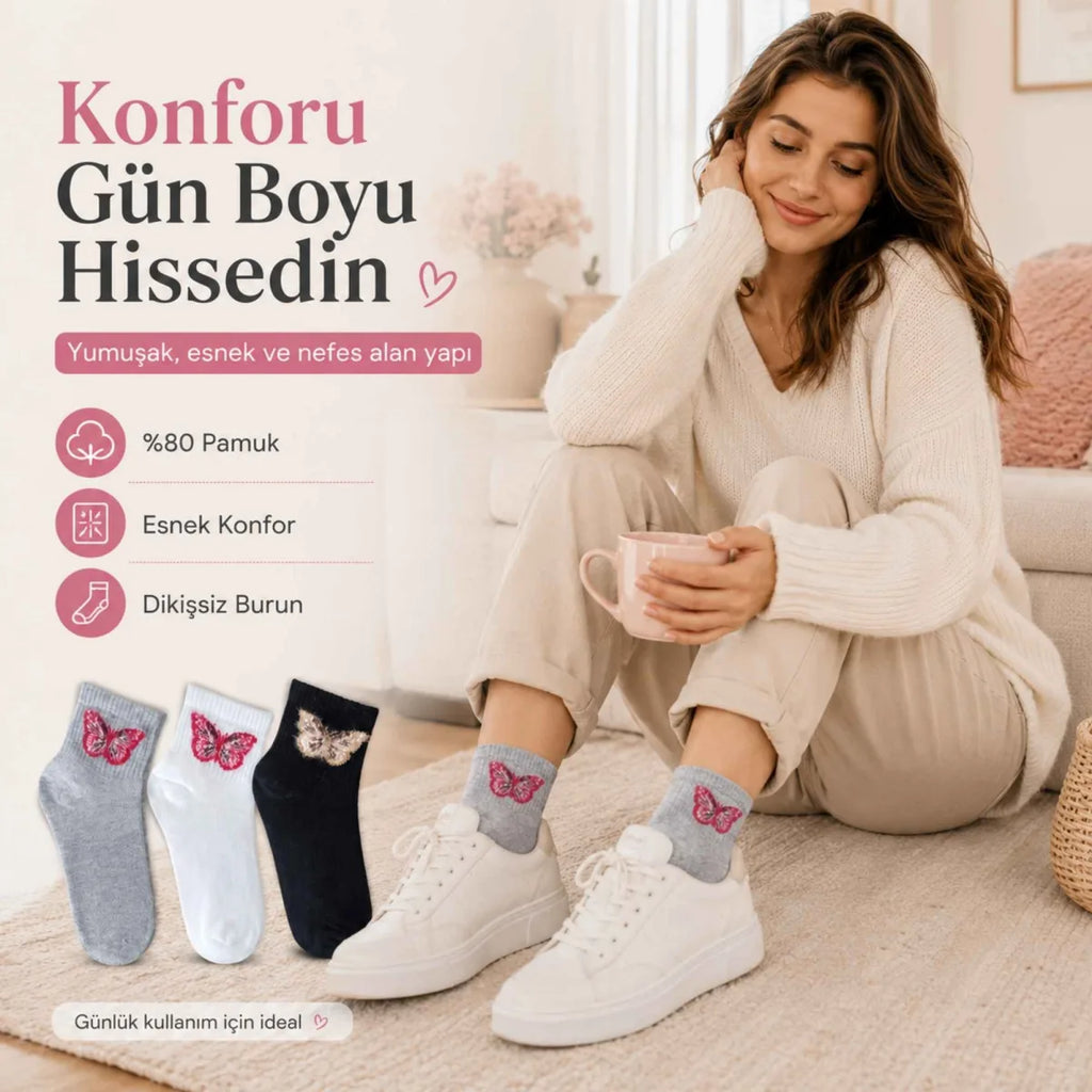 Kadın Kelebek Desenli Kısa Konç Çorap 3'lü | %80 Pamuklu Dikişsiz, Siyah Beyaz Gri
