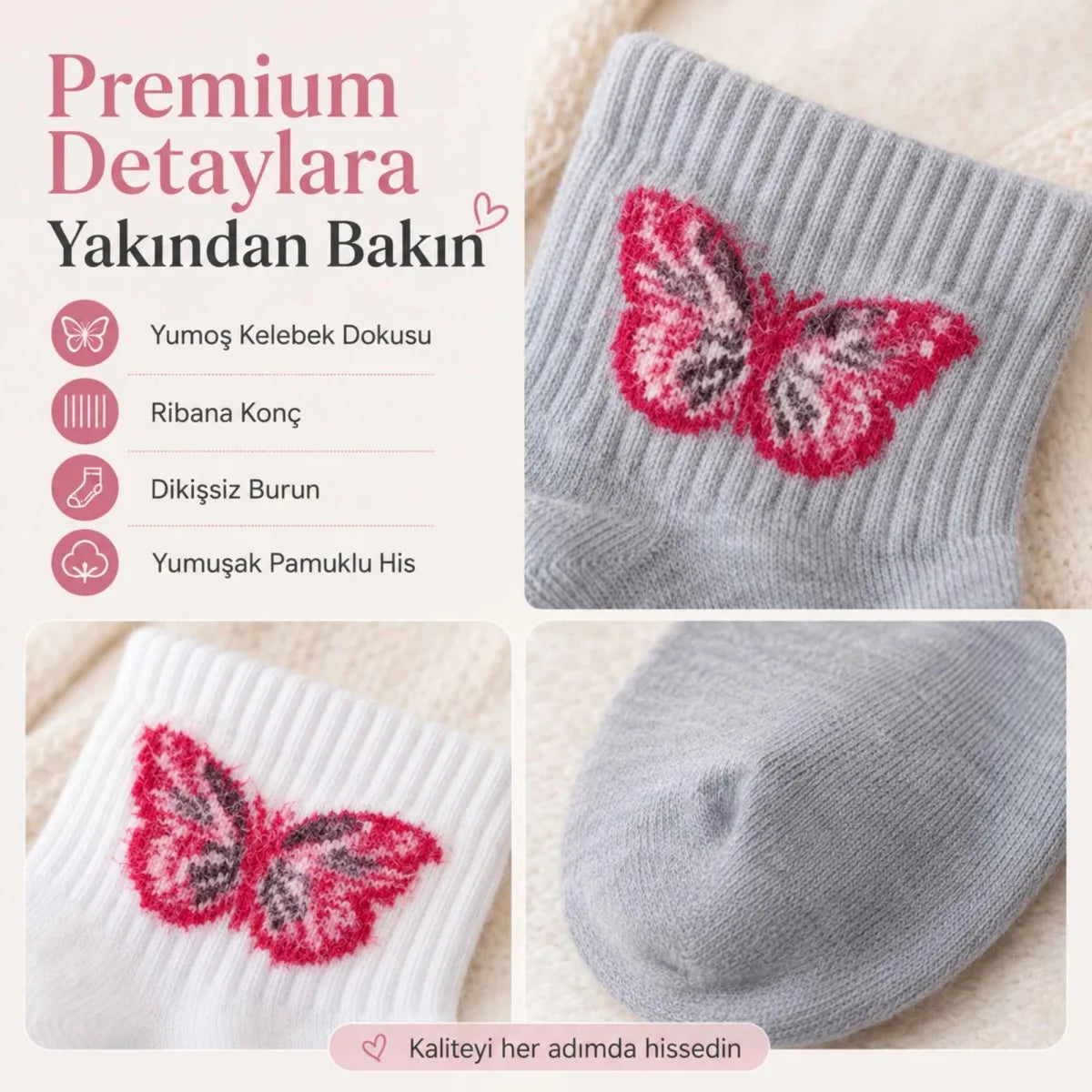 Kadın Kelebek Desenli Kısa Konç Çorap 6'lı | %80 Pamuklu Dikişsiz, Siyah Beyaz Gri