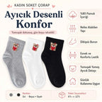 Kadın Ayıcık Desenli Kısa Konç Çorap 12’li Paket, %80 Pamuklu Dikişsiz Burun, Nefes Alan Yumuşak Bilek Çorabı, Siyah Beyaz Gri