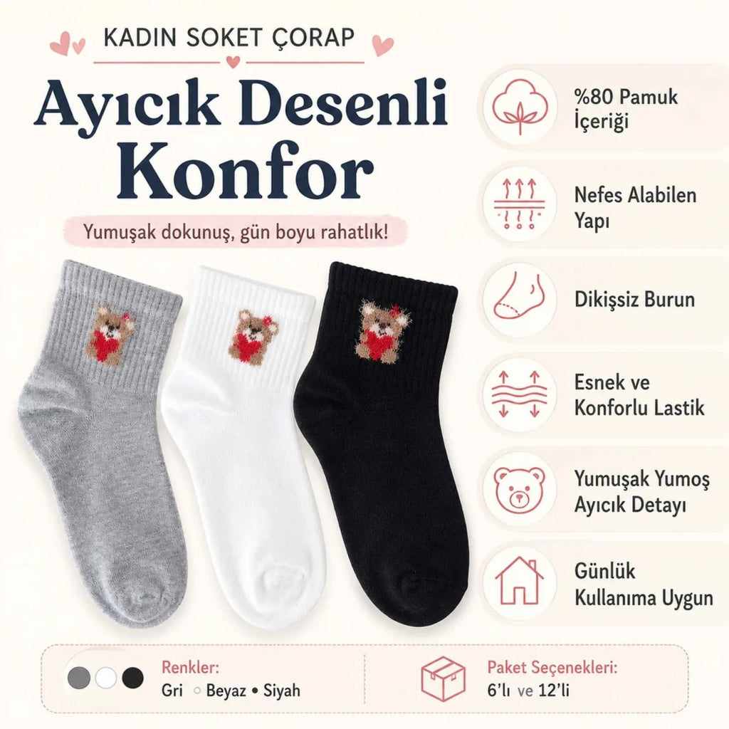 Kadın Ayıcık Desenli Kısa Konç Çorap 3'lü | %80 Pamuklu Dikişsiz, Siyah Beyaz Gri