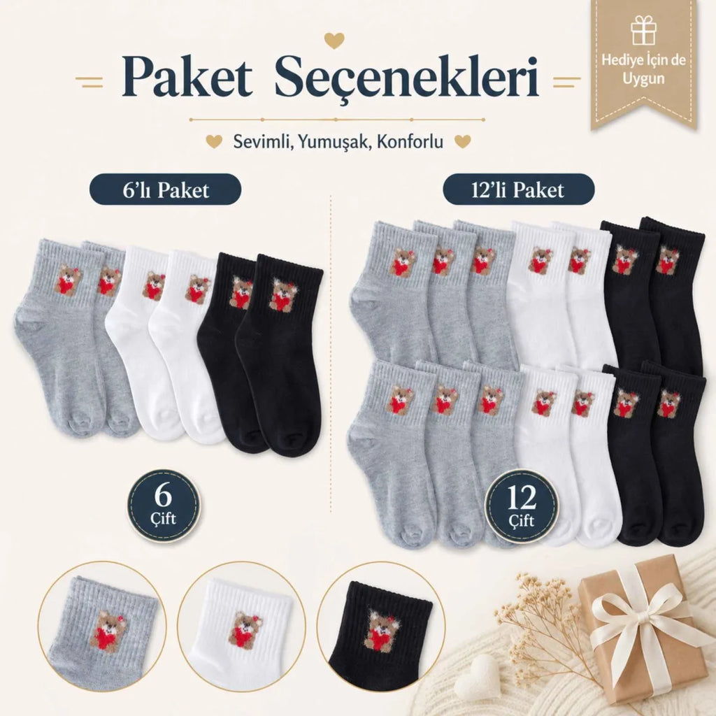 Kadın Ayıcık Desenli Kısa Konç Çorap 6'lı | %80 Pamuklu Dikişsiz, Siyah Beyaz Gri