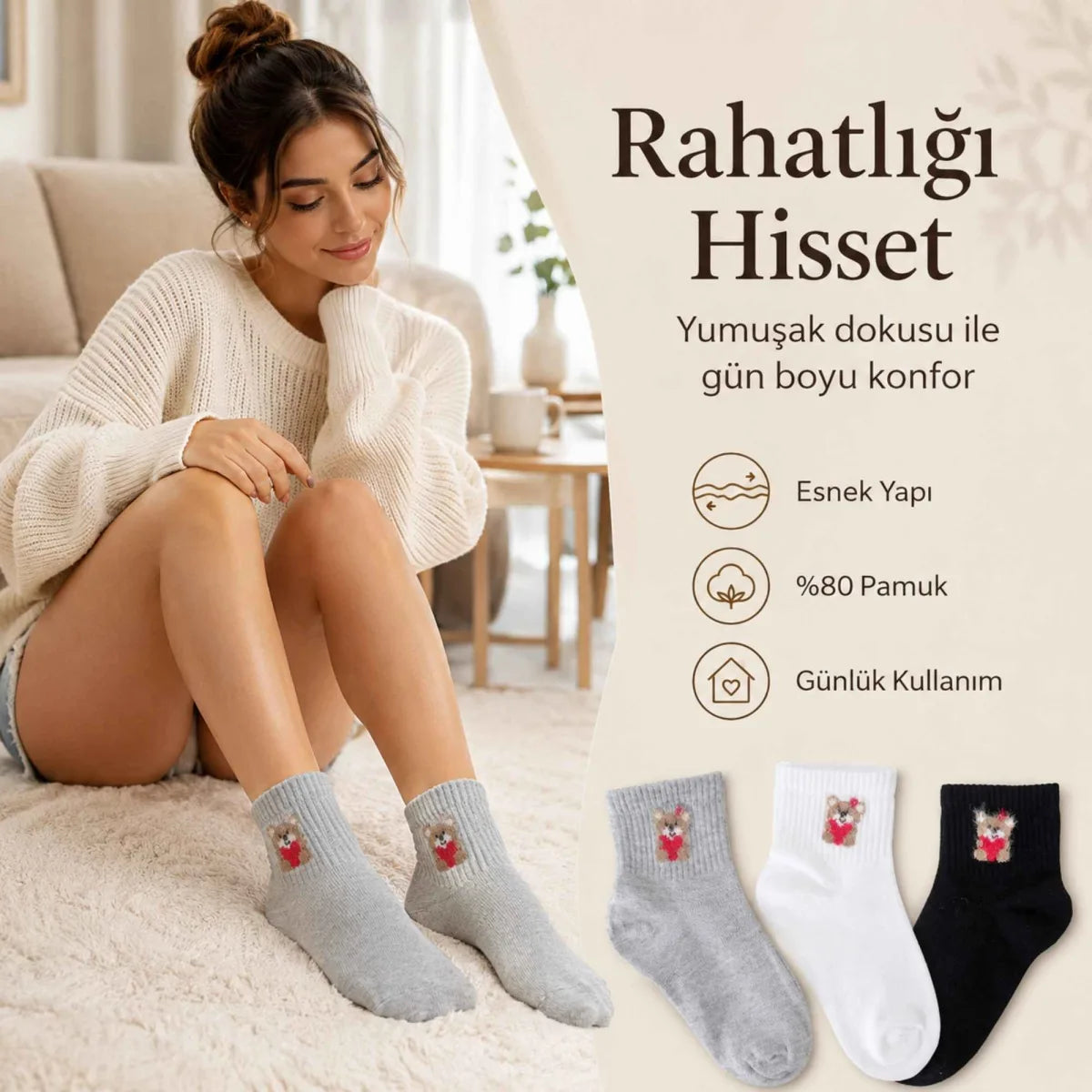Kadın Ayıcık Desenli Kısa Konç Çorap 6'lı | %80 Pamuklu Dikişsiz, Siyah Beyaz Gri