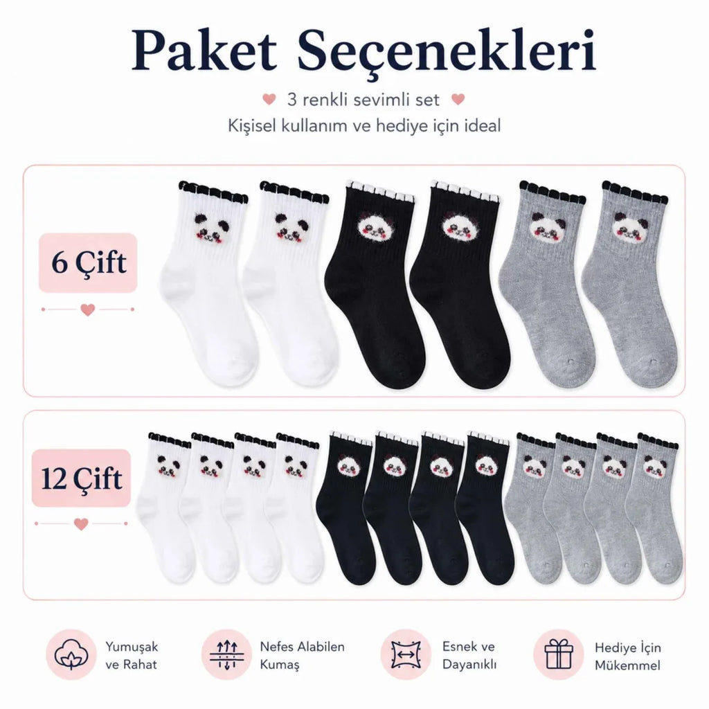 Kadın Panda Desenli Kısa Konç Çorap 12’li Paket, %80 Pamuklu Dikişsiz Burun, Nefes Alan Yumuşak Bilek Çorabı, Siyah Beyaz Gri
