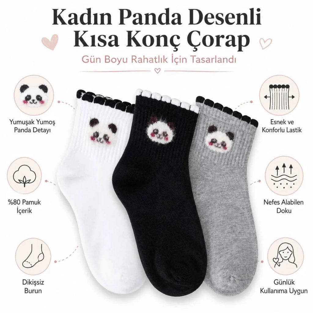 Kadın Panda Desenli Kısa Konç Çorap 3’lü Paket, %80 Pamuklu Dikişsiz Burun, Nefes Alan Yumuşak Bilek Çorabı, Siyah Beyaz Gri