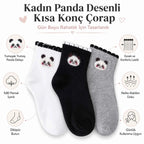 Kadın Panda Desenli Kısa Konç Çorap 3'lü | %80 Pamuklu Dikişsiz, Siyah Beyaz Gri