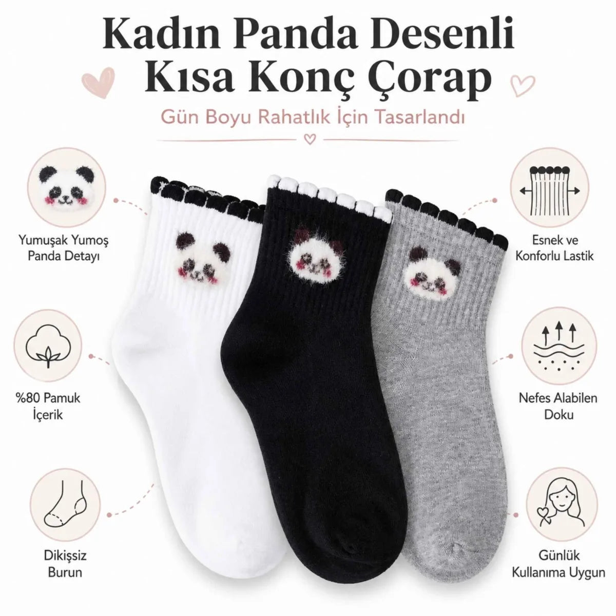 Kadın Panda Desenli Kısa Konç Çorap 3'lü | %80 Pamuklu Dikişsiz, Siyah Beyaz Gri