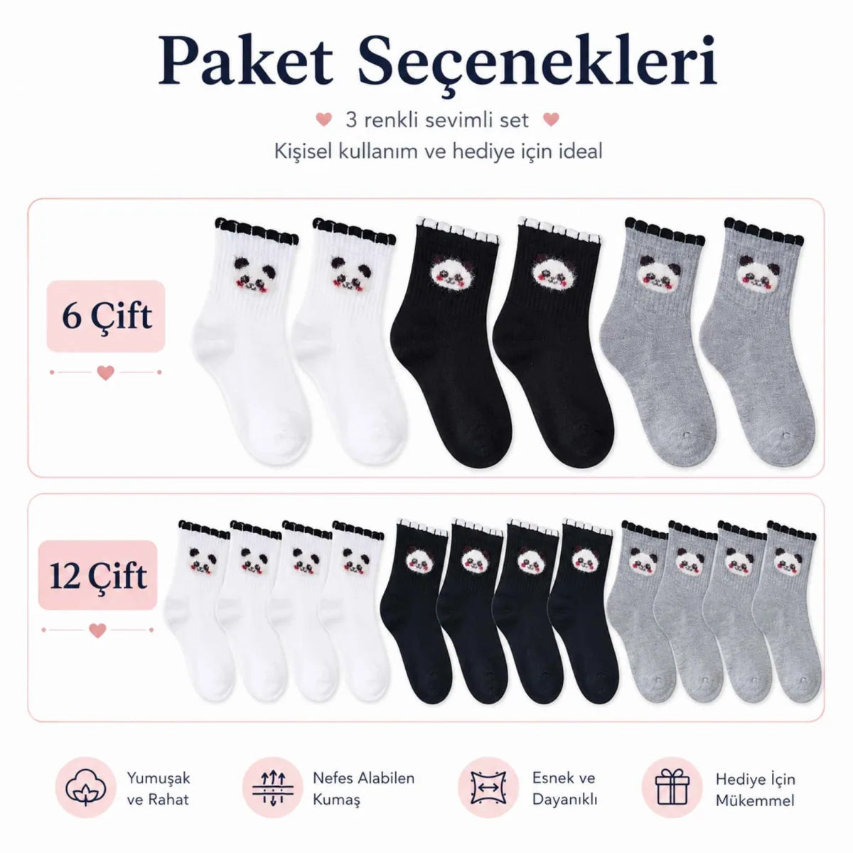 Kadın Panda Desenli Kısa Konç Çorap 3'lü | %80 Pamuklu Dikişsiz, Siyah Beyaz Gri