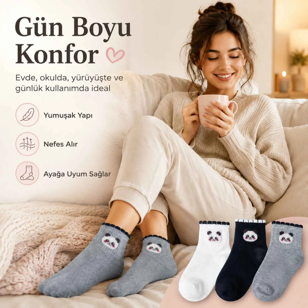 Kadın Panda Desenli Kısa Konç Çorap 3’lü Paket, %80 Pamuklu Dikişsiz Burun, Nefes Alan Yumuşak Bilek Çorabı, Siyah Beyaz Gri