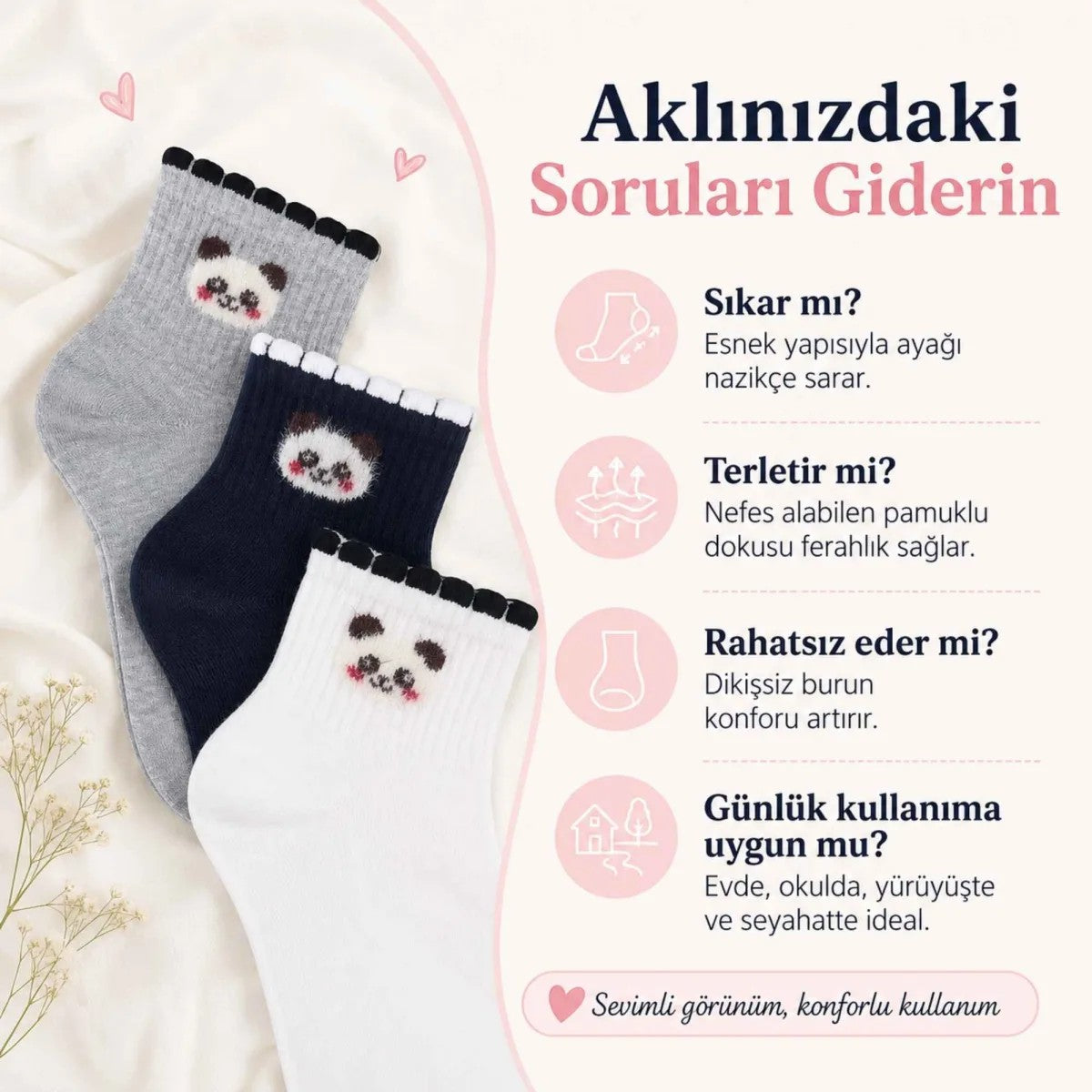 Kadın Panda Desenli Kısa Konç Çorap 3'lü | %80 Pamuklu Dikişsiz, Siyah Beyaz Gri