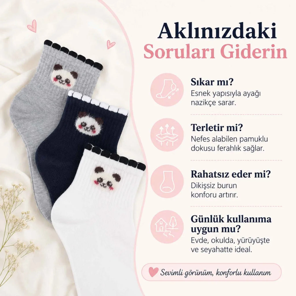 Kadın Panda Desenli Kısa Konç Çorap 6'lı | %80 Pamuklu Dikişsiz, Siyah Beyaz Gri
