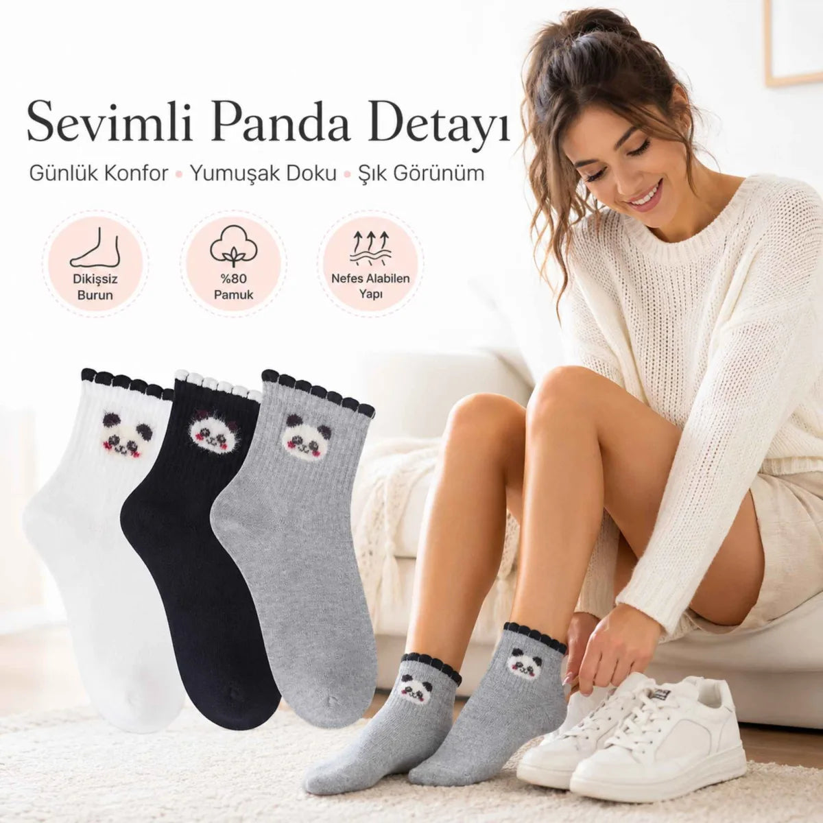 Kadın Panda Desenli Kısa Konç Çorap 6'lı | %80 Pamuklu Dikişsiz, Siyah Beyaz Gri
