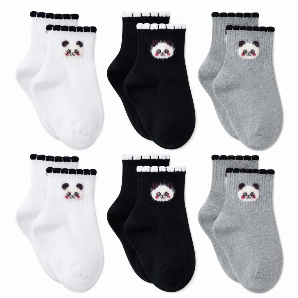 Kadın Panda Desenli Kısa Konç Çorap 6’lı Paket, %80 Pamuklu Dikişsiz Burun, Nefes Alan Yumuşak Bilek Çorabı, Siyah Beyaz Gri
