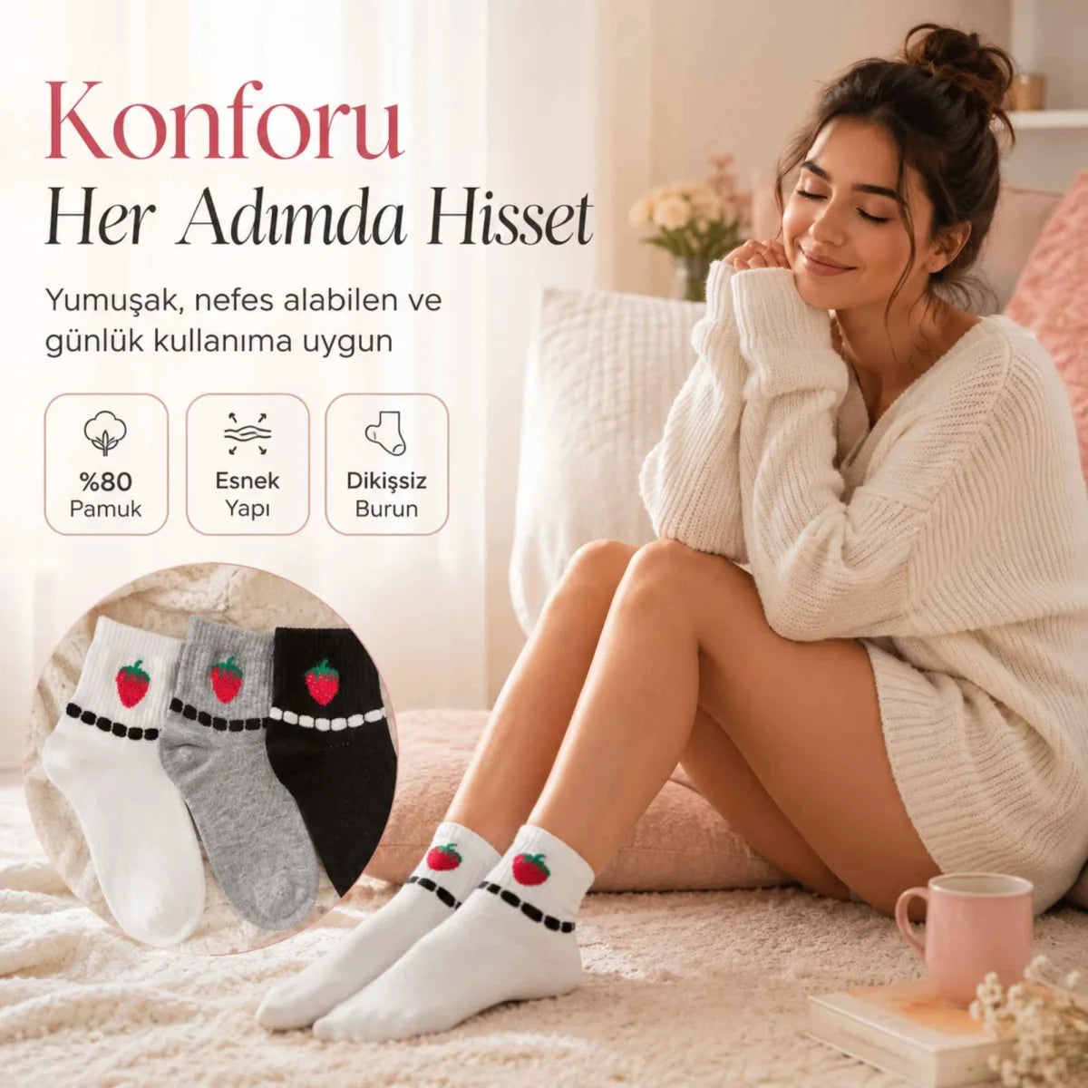 Kadın Çilek Desenli Kısa Konç Çorap 12’li Paket, %80 Pamuklu Dikişsiz Burun, Nefes Alan Yumuşak Bilek Çorabı, Siyah Beyaz Gri
