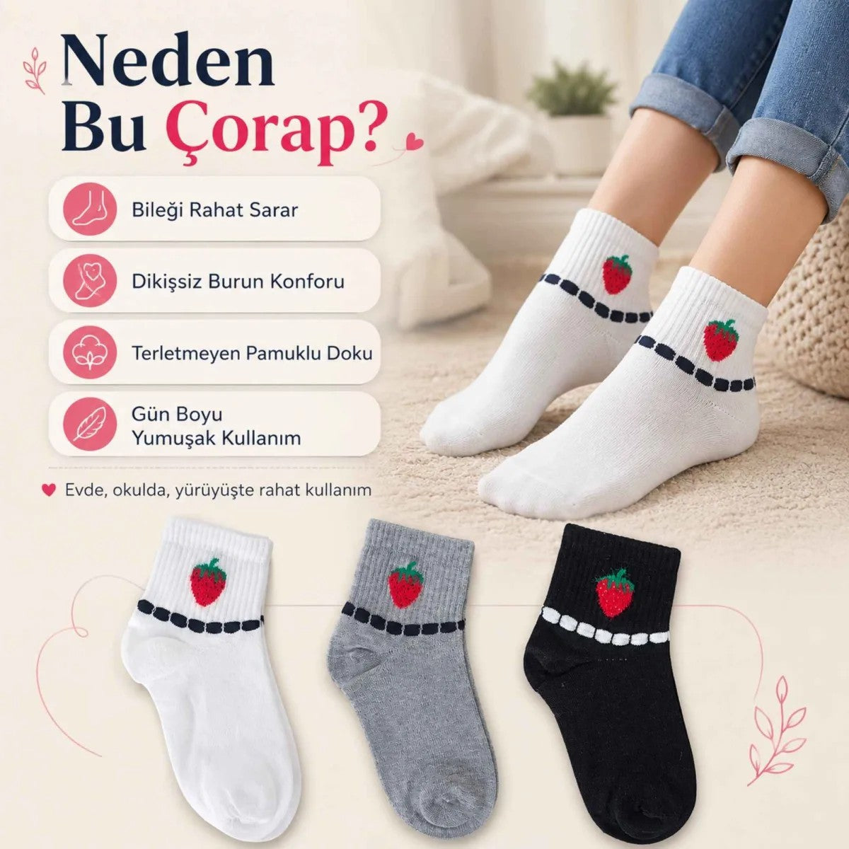 Kadın Çilek Desenli Kısa Konç Çorap 12'li | %80 Pamuklu Dikişsiz, Siyah Beyaz Gri