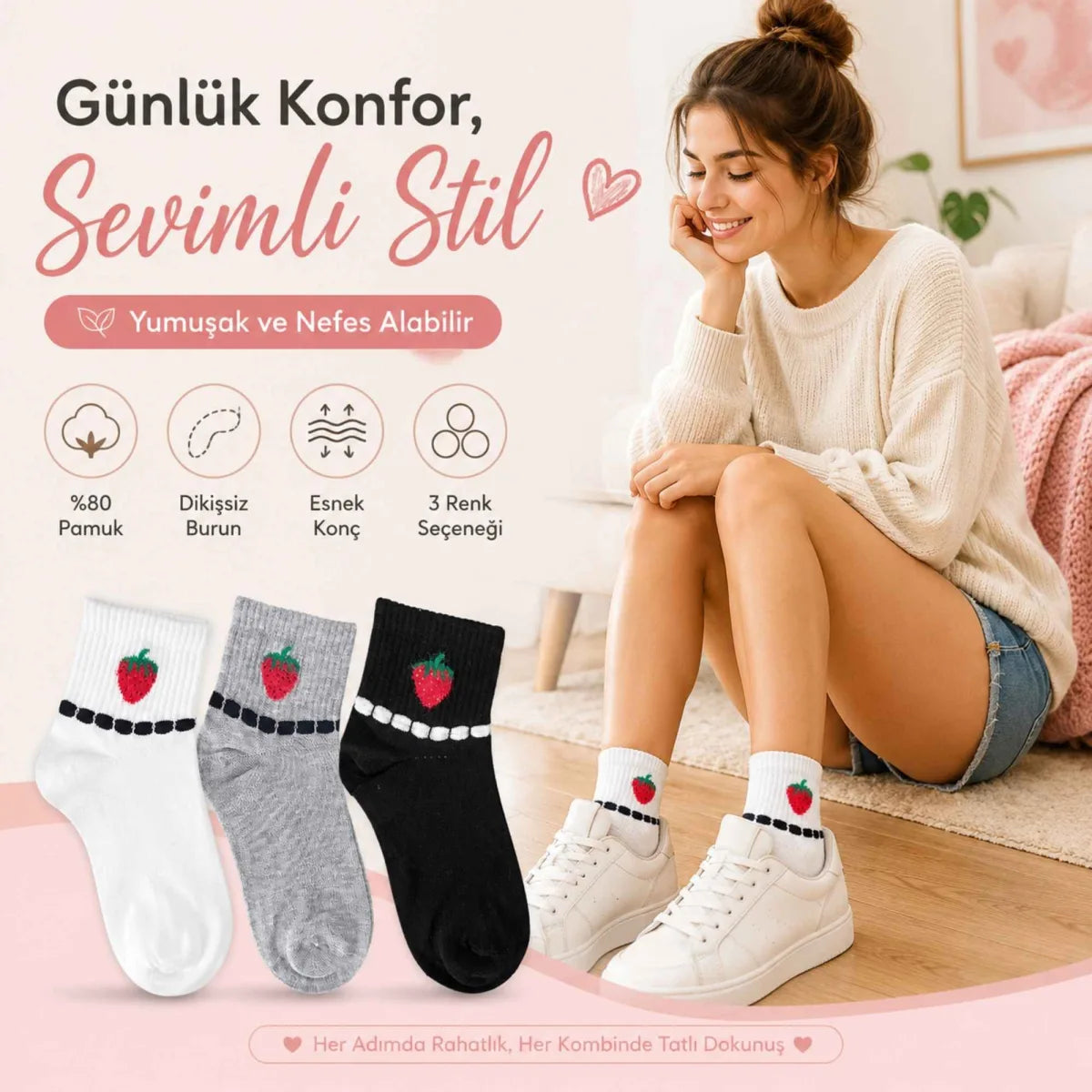 Kadın Çilek Desenli Kısa Konç Çorap 12'li | %80 Pamuklu Dikişsiz, Siyah Beyaz Gri