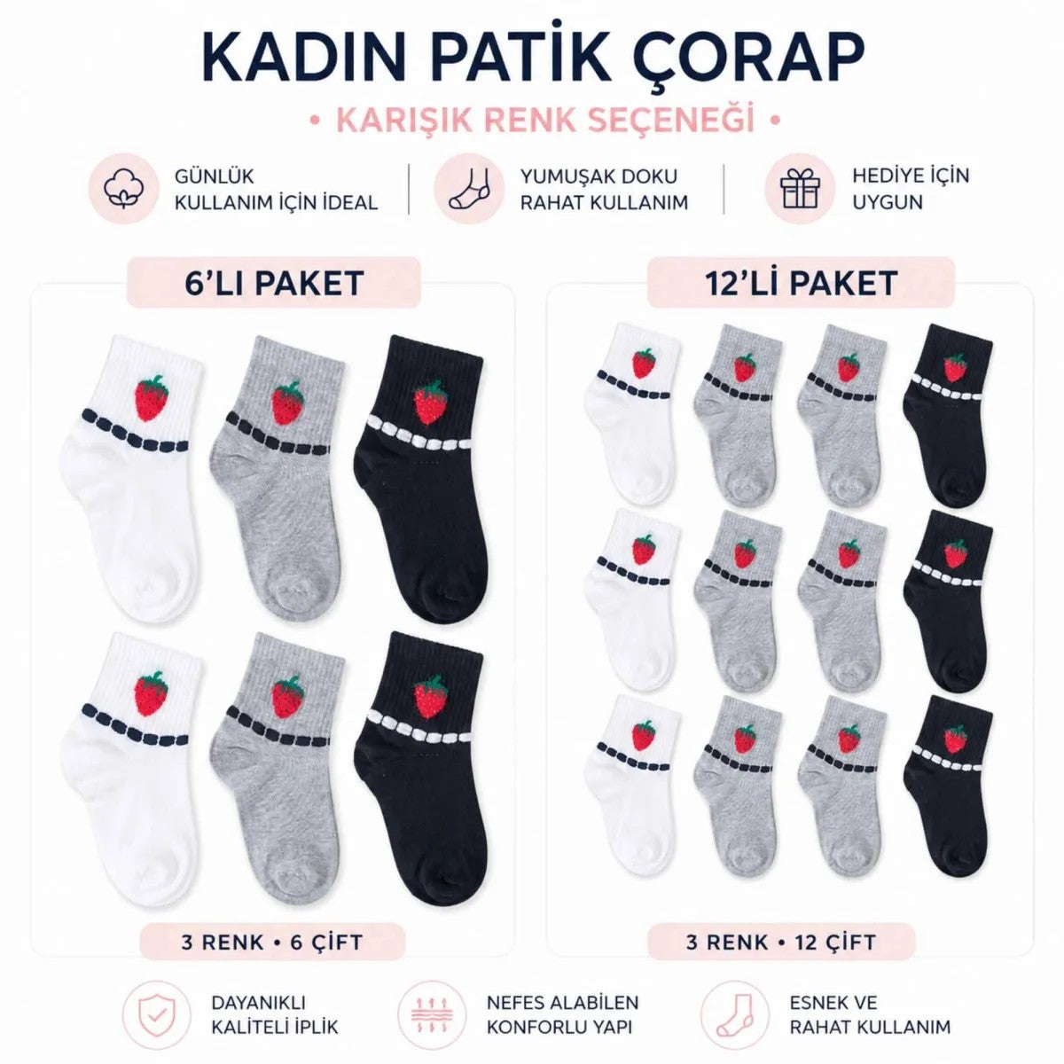 Kadın Çilek Desenli Kısa Konç Çorap 6'lı | %80 Pamuklu Dikişsiz, Siyah Beyaz Gri