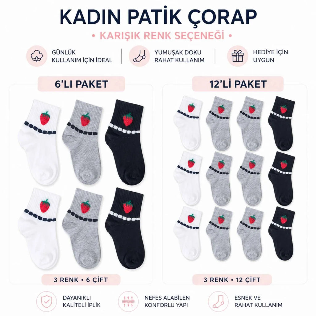 Kadın Çilek Desenli Kısa Konç Çorap 6’lı Paket, %80 Pamuklu Dikişsiz Burun, Nefes Alan Yumuşak Bilek Çorabı, Siyah Beyaz Gri