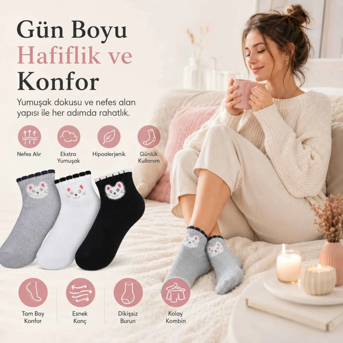 Kadın Kedi Desenli Kısa Konç Çorap 12'li | %80 Pamuklu Dikişsiz, Siyah Beyaz Gri