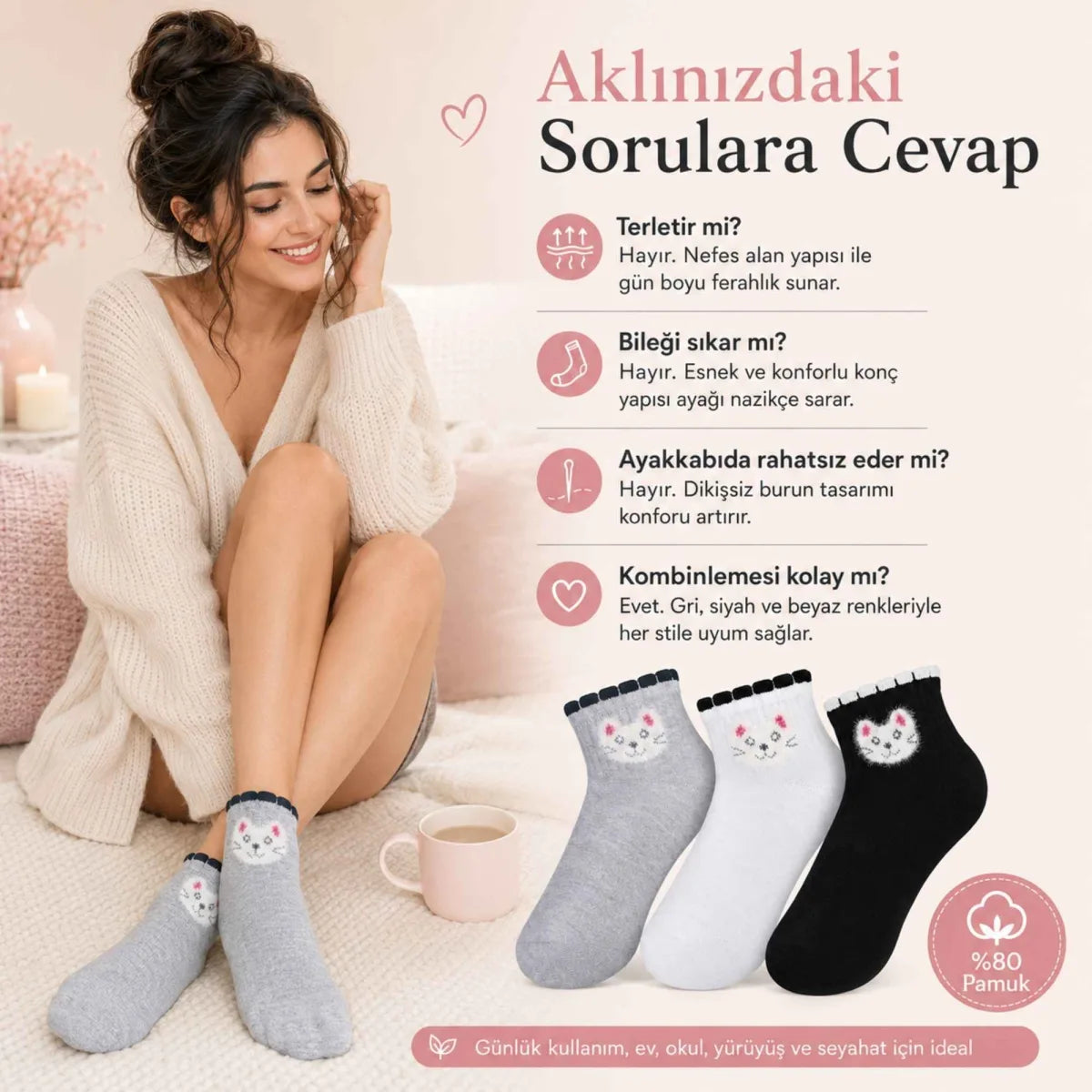 Kadın Kedi Desenli Kısa Konç Çorap 6'lı | %80 Pamuklu Dikişsiz, Siyah Beyaz Gri