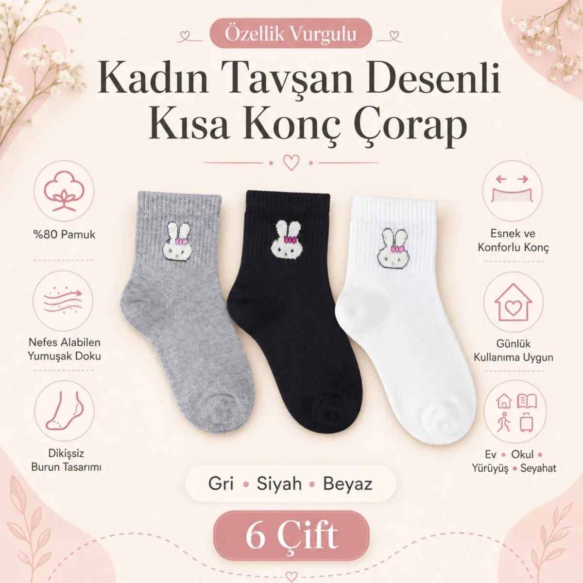 Kadın Tavşan Desenli Kısa Konç Çorap 12'li | %80 Pamuklu Dikişsiz, Siyah Beyaz Gri