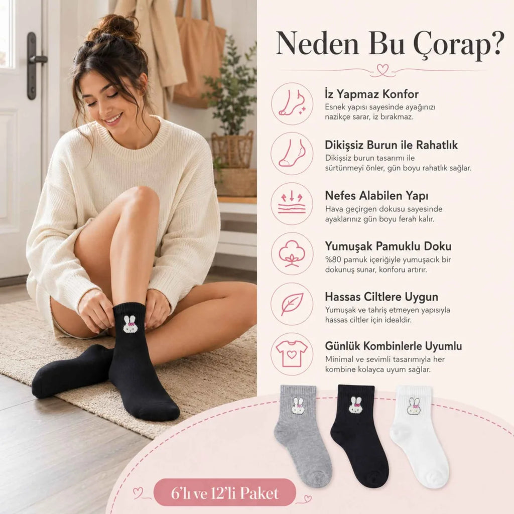 Kadın Tavşan Desenli Kısa Konç Çorap 6’lı Paket, %80 Pamuklu Dikişsiz Burun, Nefes Alan Yumuşak Bilek Çorabı, Gri Siyah Beyaz