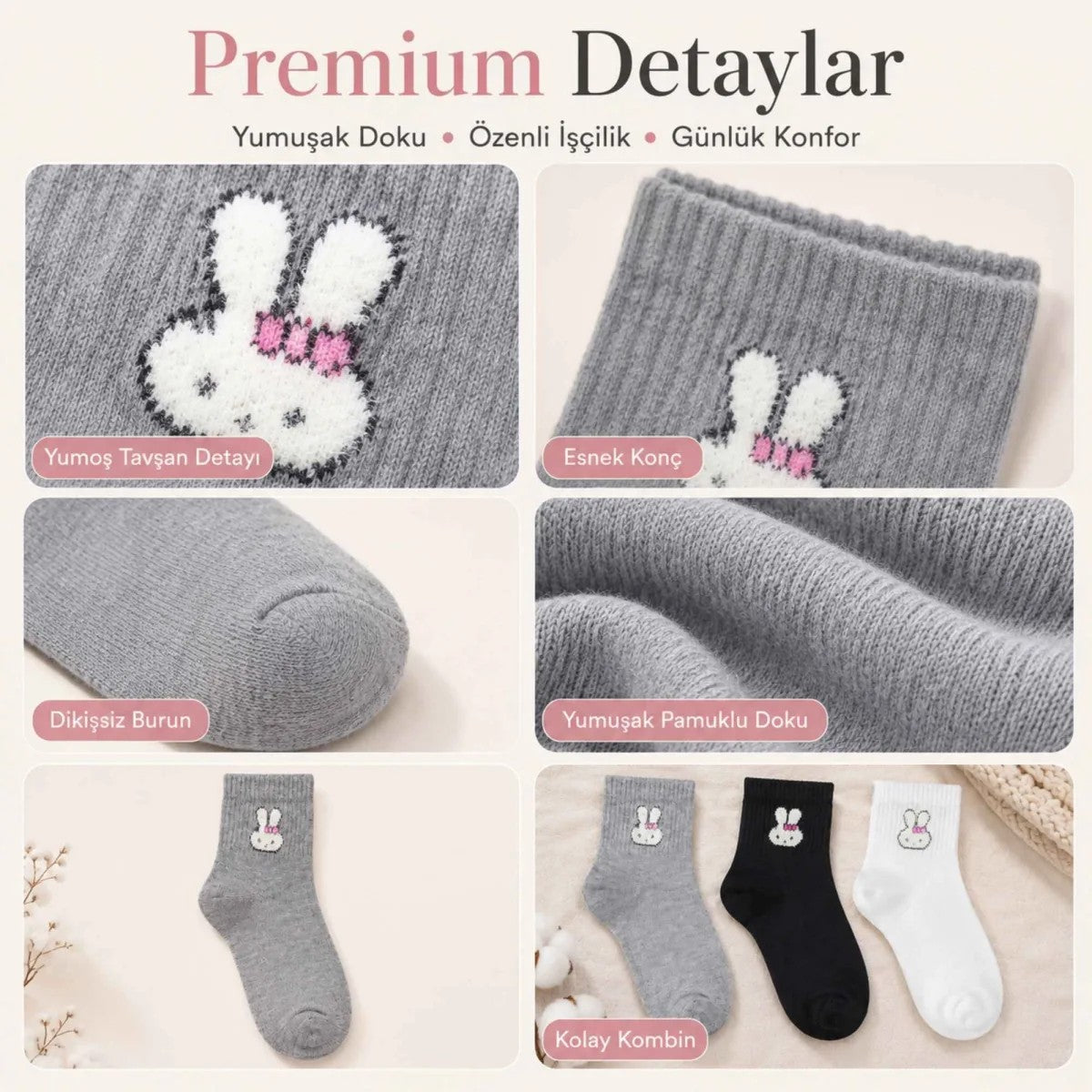 Kadın Tavşan Desenli Kısa Konç Çorap 6'lı | %80 Pamuklu Dikişsiz, Siyah Beyaz Gri
