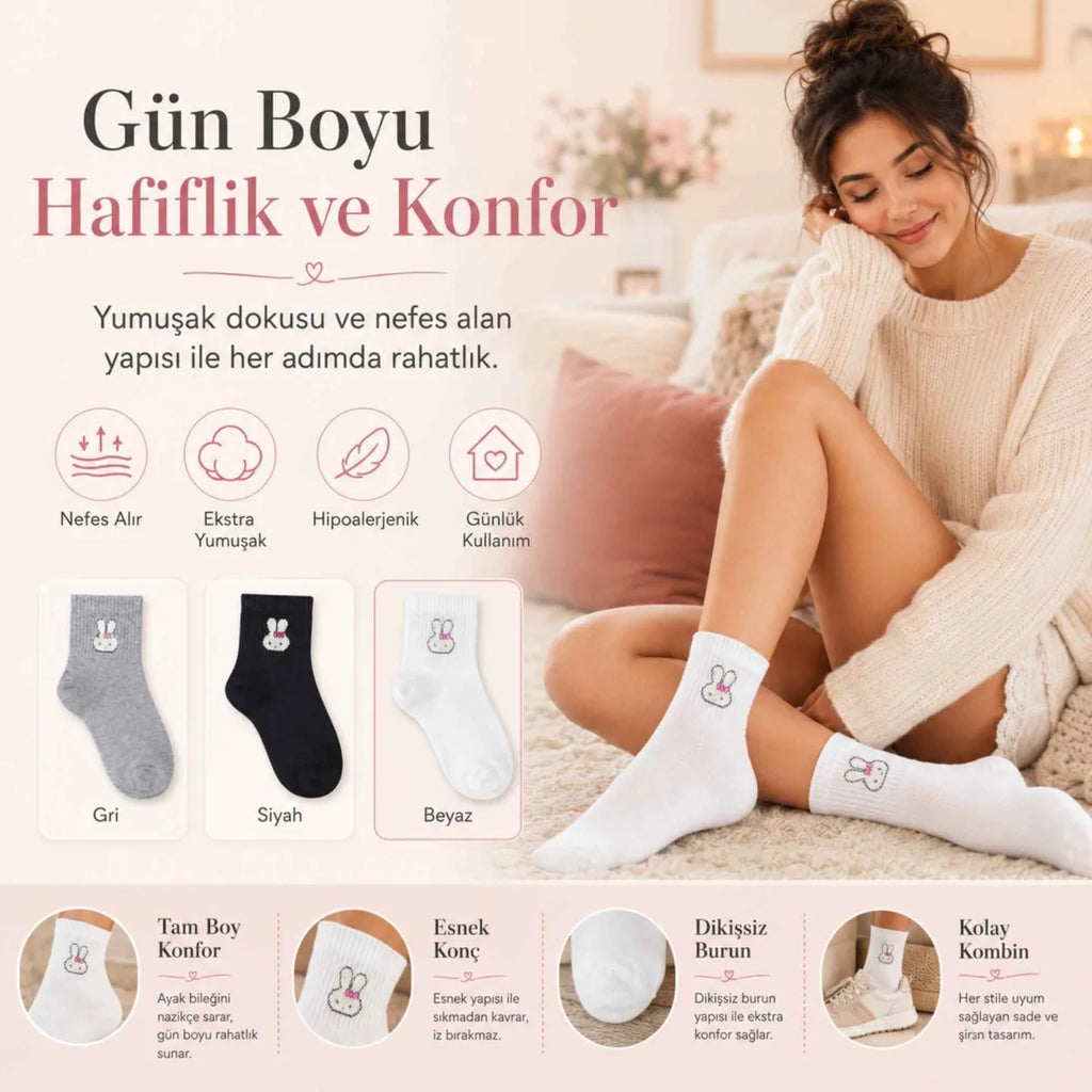 Kadın Tavşan Desenli Kısa Konç Çorap 6'lı | %80 Pamuklu Dikişsiz, Siyah Beyaz Gri