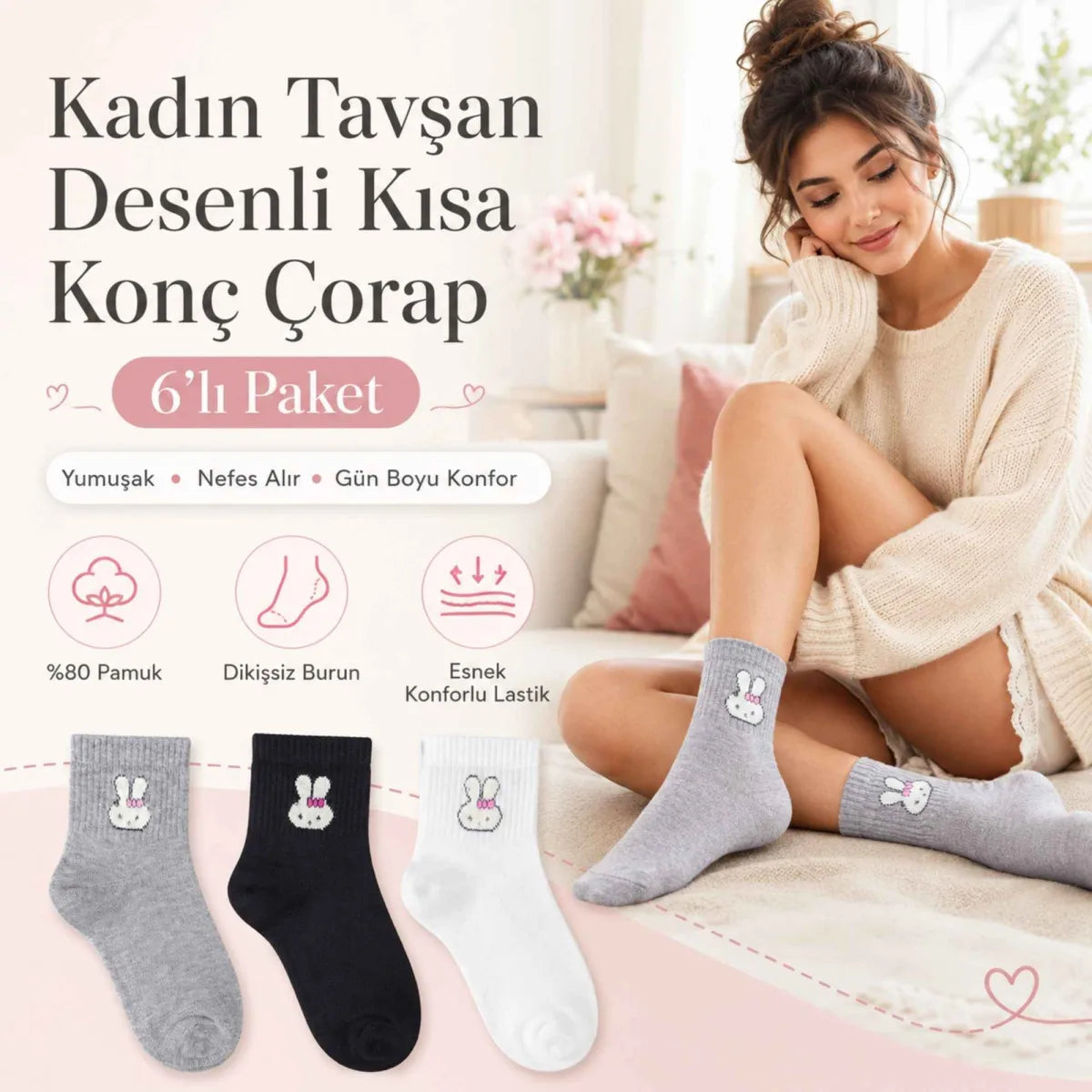 Kadın Tavşan Desenli Kısa Konç Çorap 6’lı Paket, %80 Pamuklu Dikişsiz Burun, Nefes Alan Yumuşak Bilek Çorabı, Gri Siyah Beyaz