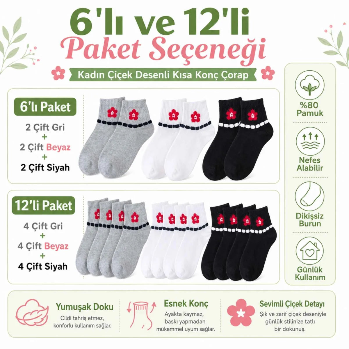 Kadın Çiçek Desenli Kısa Konç Çorap 12’li Paket, %80 Pamuklu Dikişsiz Burun, Nefes Alan Yumuşak Bilek Çorabı, Gri Siyah Beyaz