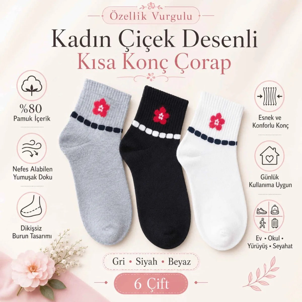 Kadın Çiçek Desenli Kısa Konç Çorap 12'li | %80 Pamuklu Dikişsiz, Siyah Beyaz Gri