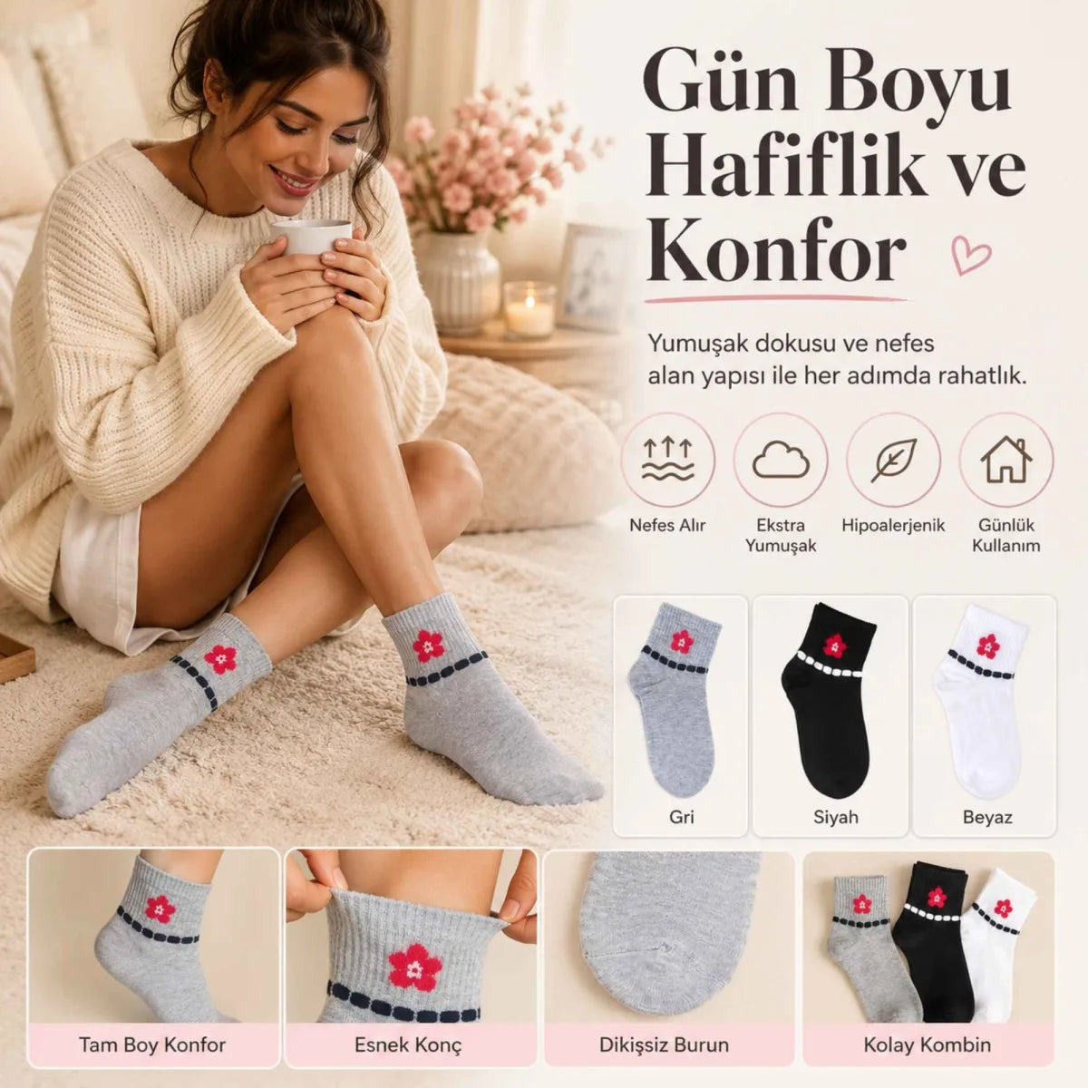 Kadın Çiçek Desenli Kısa Konç Çorap 6'lı | %80 Pamuklu Dikişsiz, Siyah Beyaz Gri