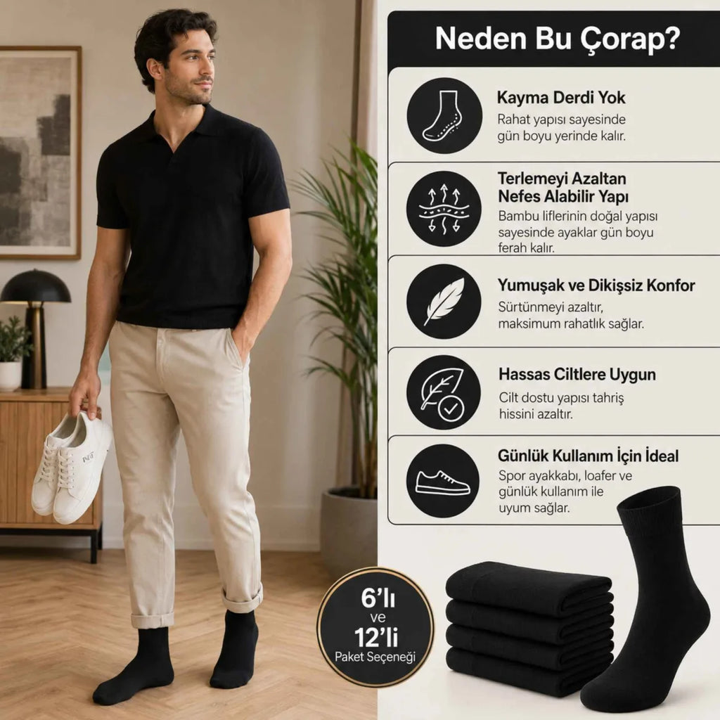 Erkek Bambu Soket Çorap 12’li Paket, Dikişsiz Parfümlü Nefes Alan Yumuşak Nem Emici Günlük Uzun Çorap