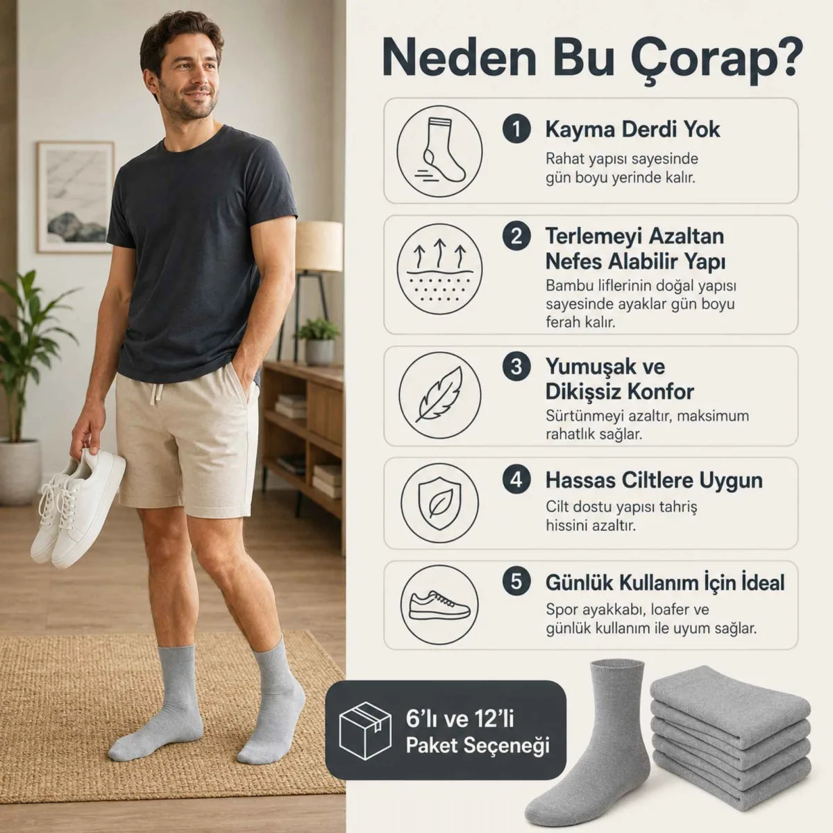 Erkek Bambu Soket Çorap 12'li | Dikişsiz Parfümlü Nefes Alan Nem Emici Yumuşak Günlük