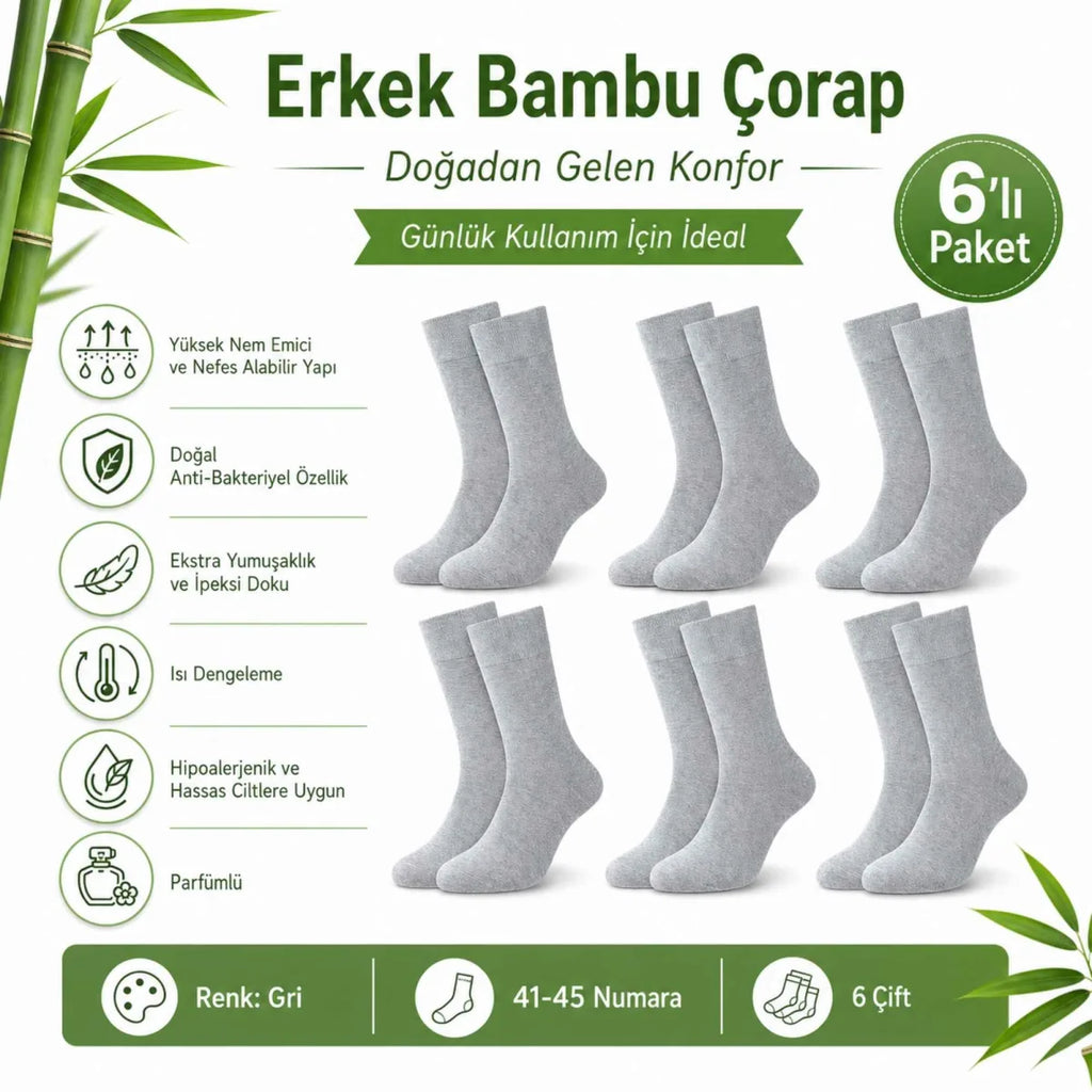 Erkek Bambu Soket Çorap 6’lı Paket, Dikişsiz Parfümlü Nefes Alan Yumuşak Nem Emici Günlük Uzun Çorap