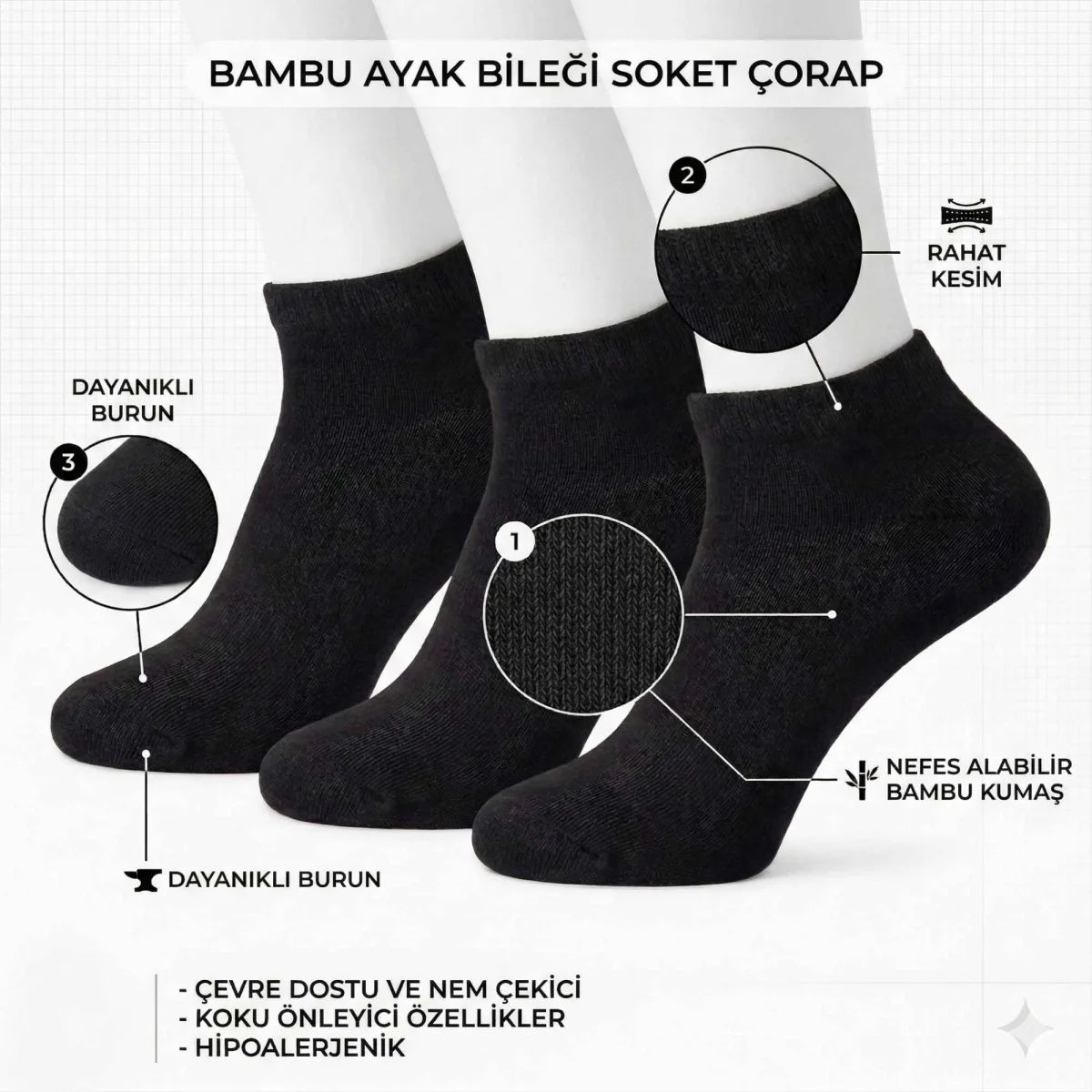 Kadın Bambu Patik Çorap 12’li Paket, Siyah Beyaz Gri, Nefes Alan Nem Emici Yumuşak Günlük Spor Bilek Çorabı