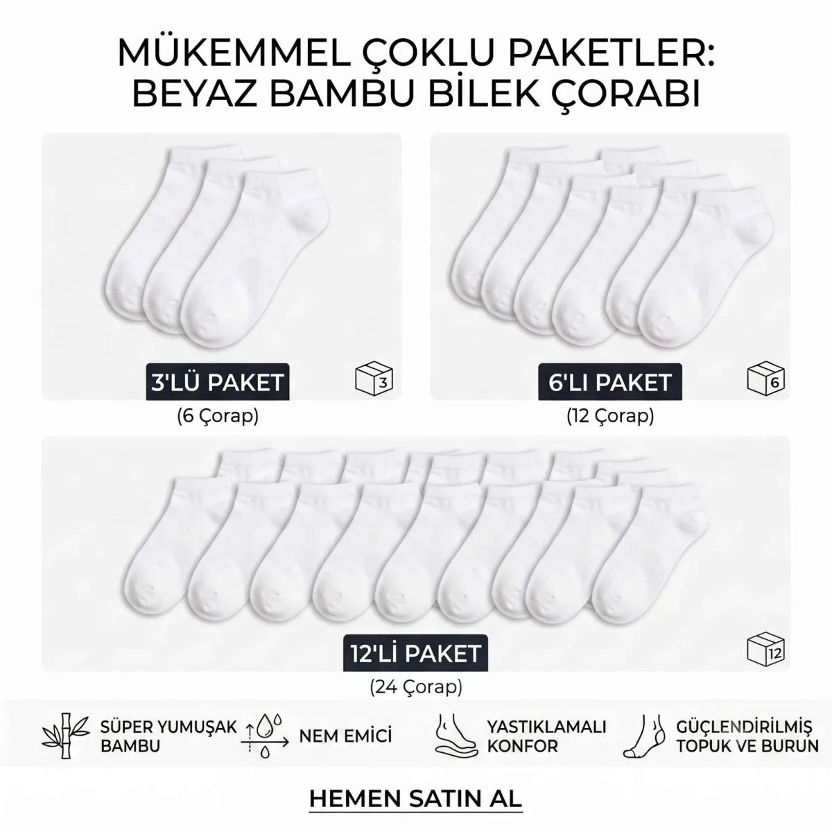Kadın Bambu Patik Çorap 12’li Paket, Siyah Beyaz Gri, Nefes Alan Nem Emici Yumuşak Günlük Spor Bilek Çorabı