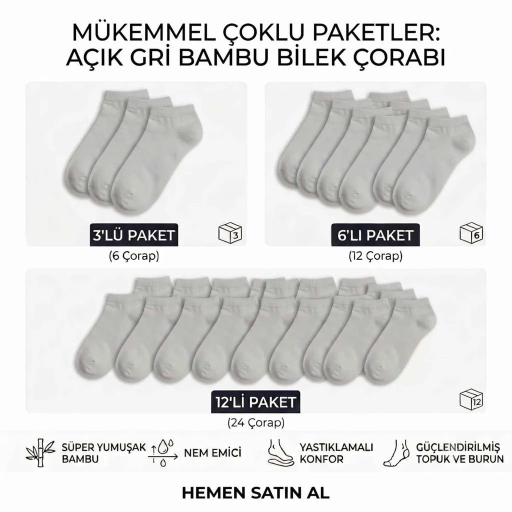 Kadın Bambu Patik Çorap 12'li | Nefes Alan Nem Emici Yumuşak, Siyah Beyaz Gri