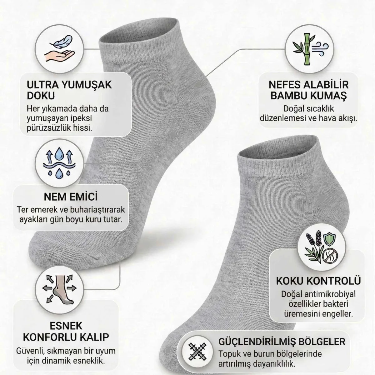 Kadın Bambu Patik Çorap 6'lı | Nefes Alan Nem Emici Yumuşak, Siyah Beyaz Gri