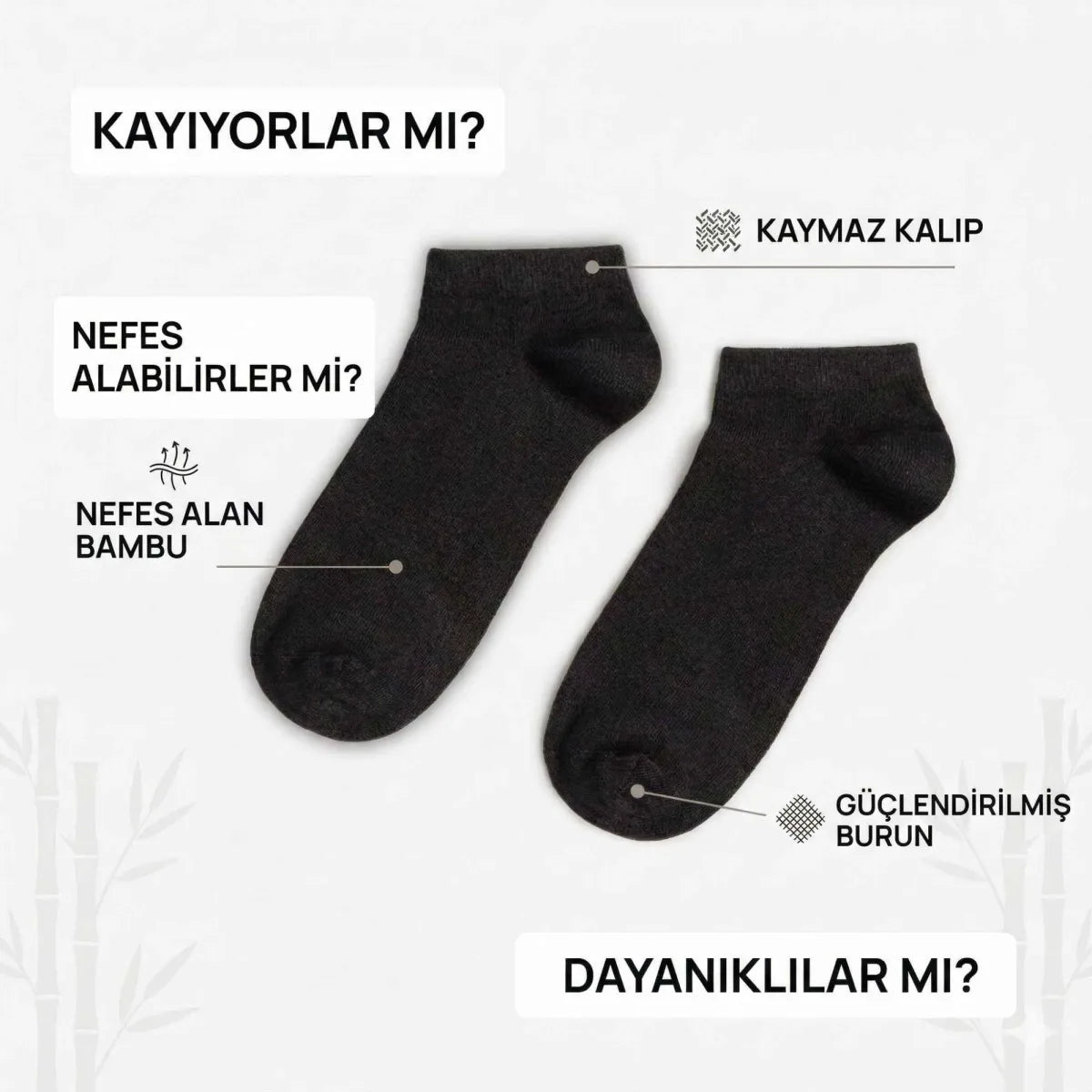 Kadın Bambu Patik Çorap 6’lı Paket, Siyah Beyaz Gri, Nefes Alan Nem Emici Yumuşak Günlük Spor Bilek Çorabı