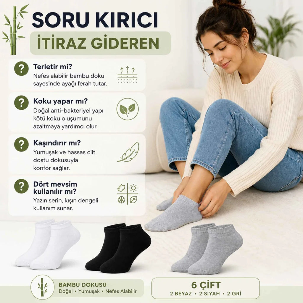 Kadın Bambu Patik Çorap 6'lı | Nefes Alan Nem Emici Yumuşak, Siyah Beyaz Gri