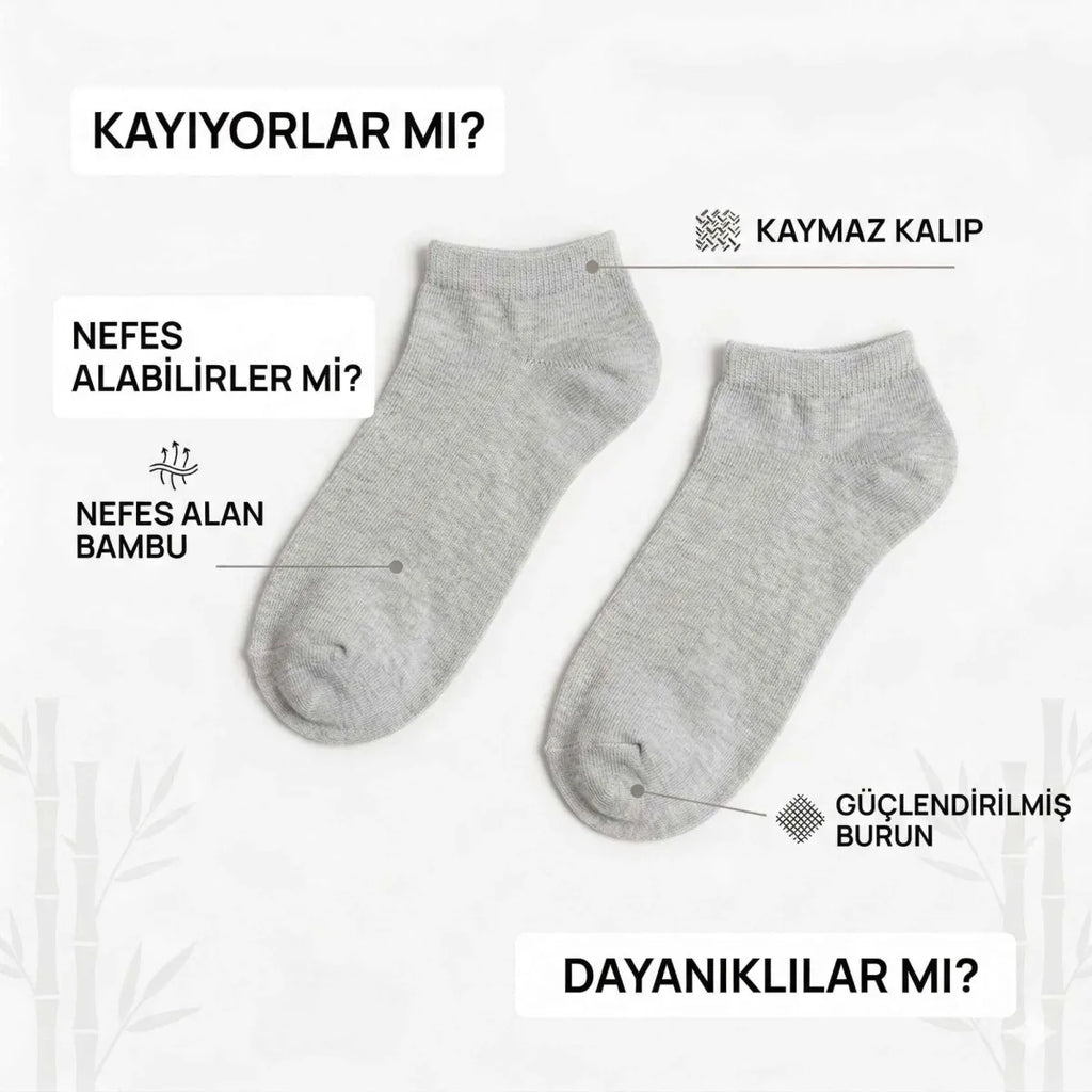 Kadın Bambu Patik Çorap 6'lı | Nefes Alan Nem Emici Yumuşak, Siyah Beyaz Gri