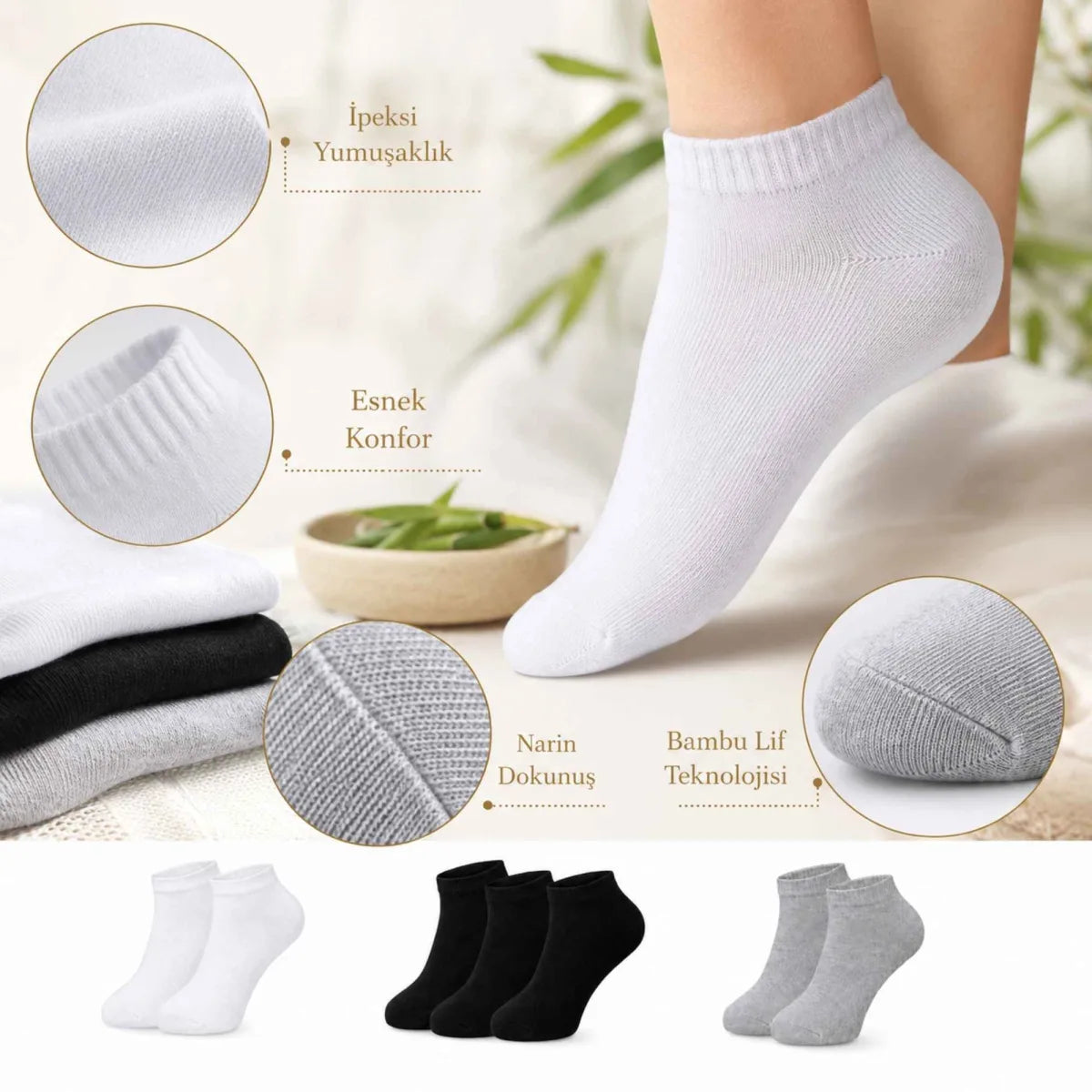 Kadın Bambu Patik Çorap 6'lı | Nefes Alan Nem Emici Yumuşak, Siyah Beyaz Gri