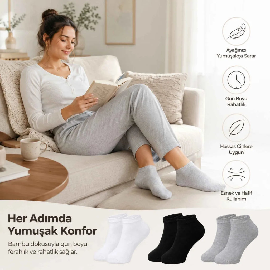 Kadın Bambu Patik Çorap 6'lı | Nefes Alan Nem Emici Yumuşak, Siyah Beyaz Gri