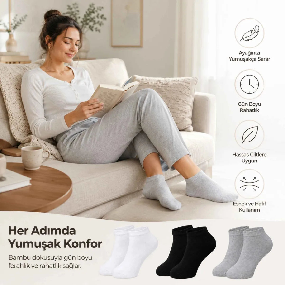 Kadın Bambu Patik Çorap 6'lı | Nefes Alan Nem Emici Yumuşak, Siyah Beyaz Gri