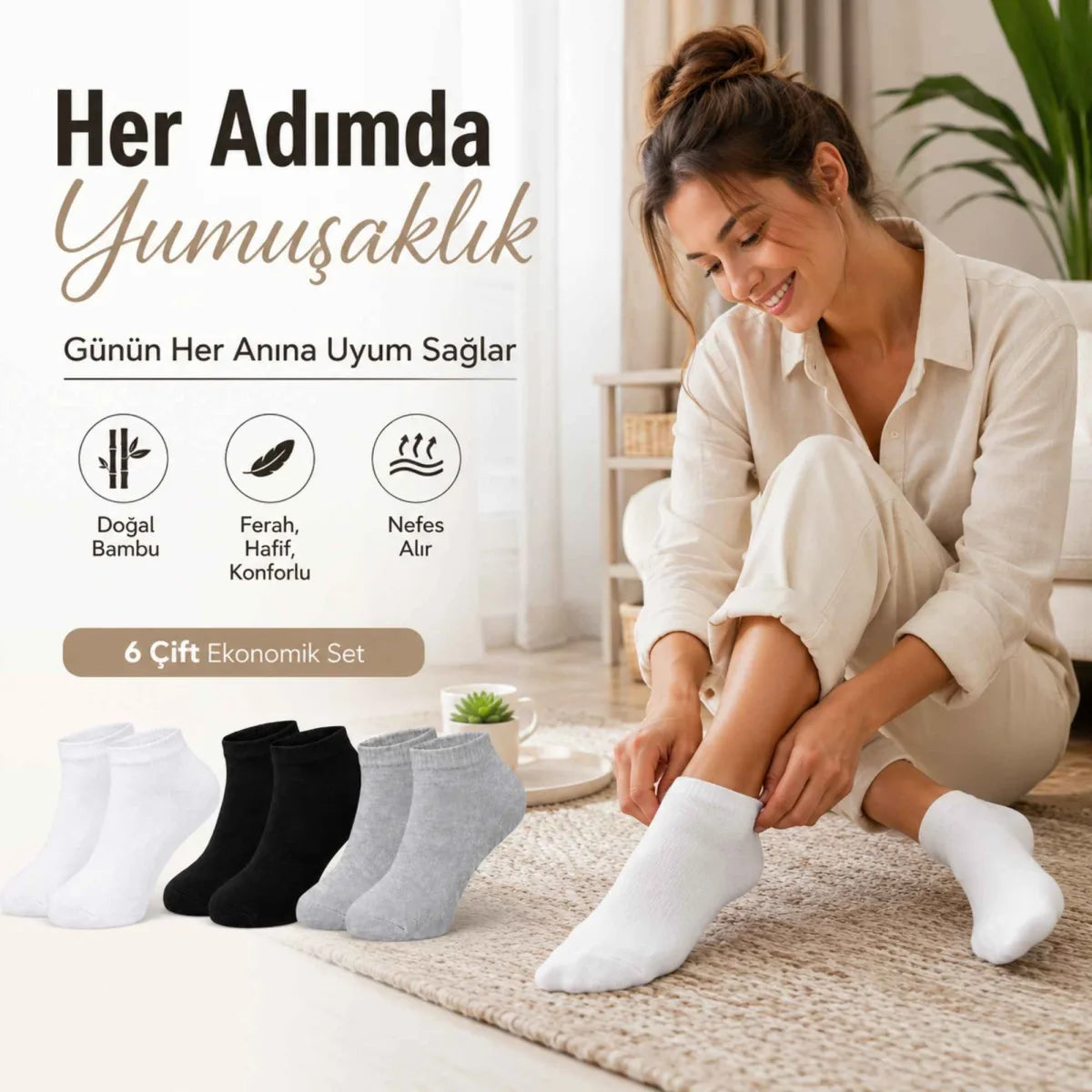 Kadın Bambu Patik Çorap 6'lı | Nefes Alan Nem Emici Yumuşak, Siyah Beyaz Gri