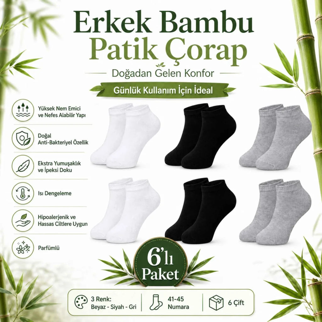 Erkek Bambu Patik Çorap 12'li | Nefes Alan Nem Emici Yumuşak, Siyah Beyaz Gri Günlük Spor
