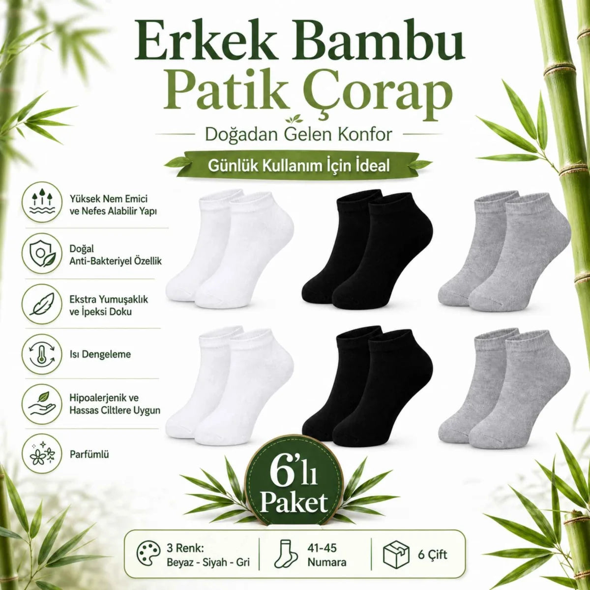 Erkek Bambu Patik Çorap 12'li | Nefes Alan Nem Emici Yumuşak, Siyah Beyaz Gri Günlük Spor